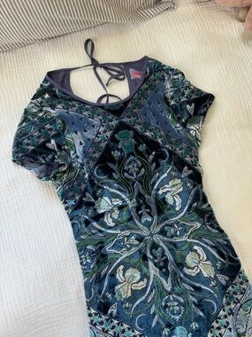 Free people velvet maxi dress open back xs/s bohemian blue green floral